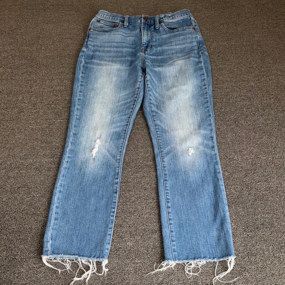 Madewell High-Rise Slim Crop Boyjean Light Wash Distressed Raw Hem Size 26
